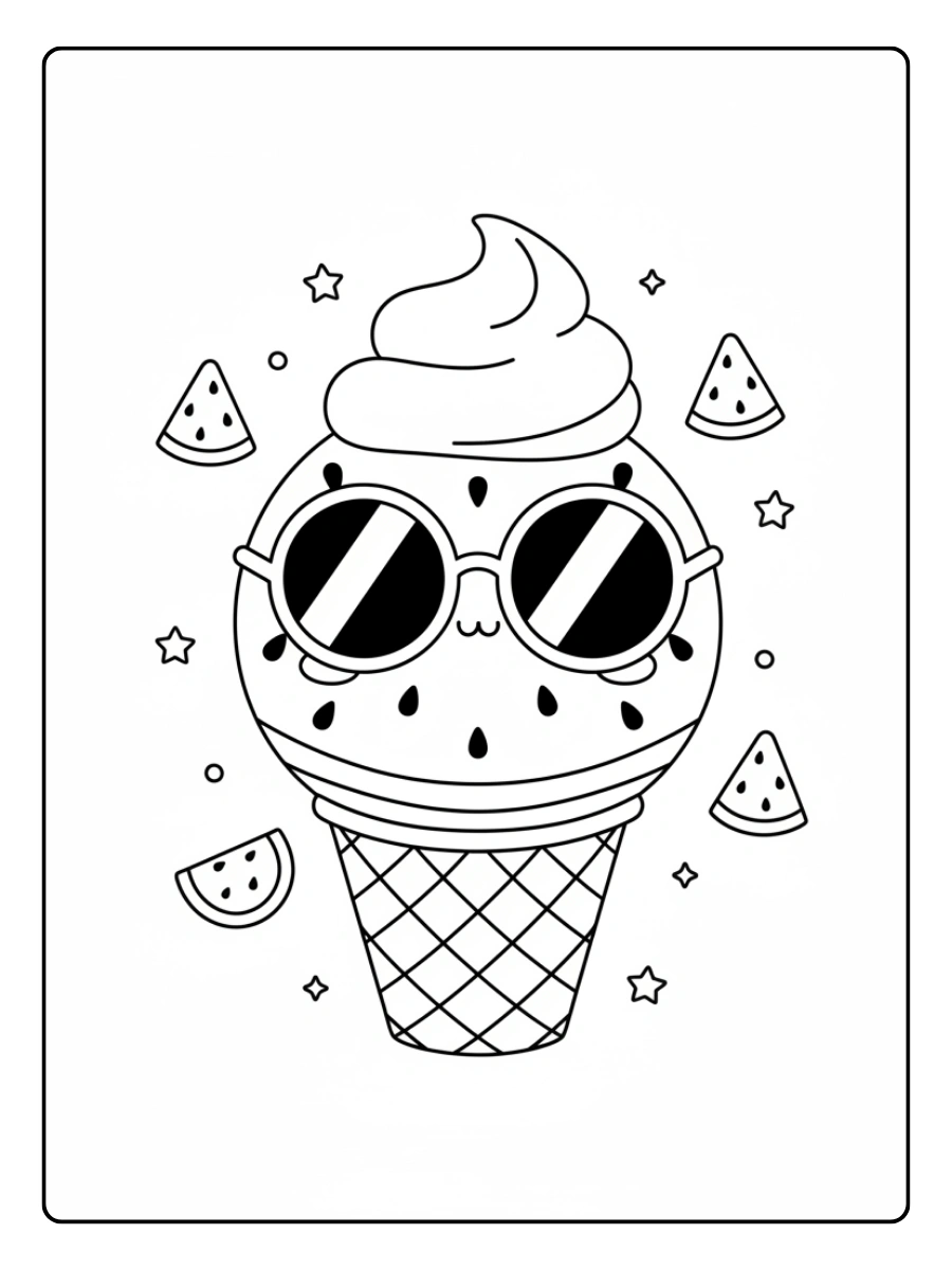 Coloriage Glace pastèque kawaii avec lunettes de soleil
