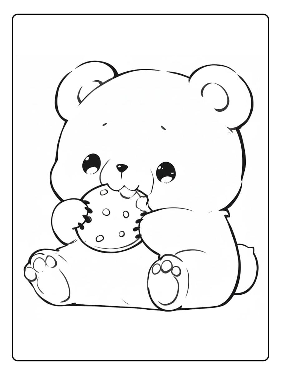 Coloriage Kawaii Animaux Ours Mignon Mangeant un Biscuit