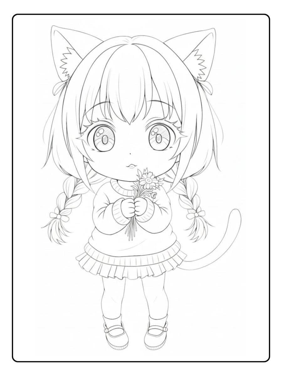 Coloriage Kawaii Fille Chat Mignonne avec des Fleurs