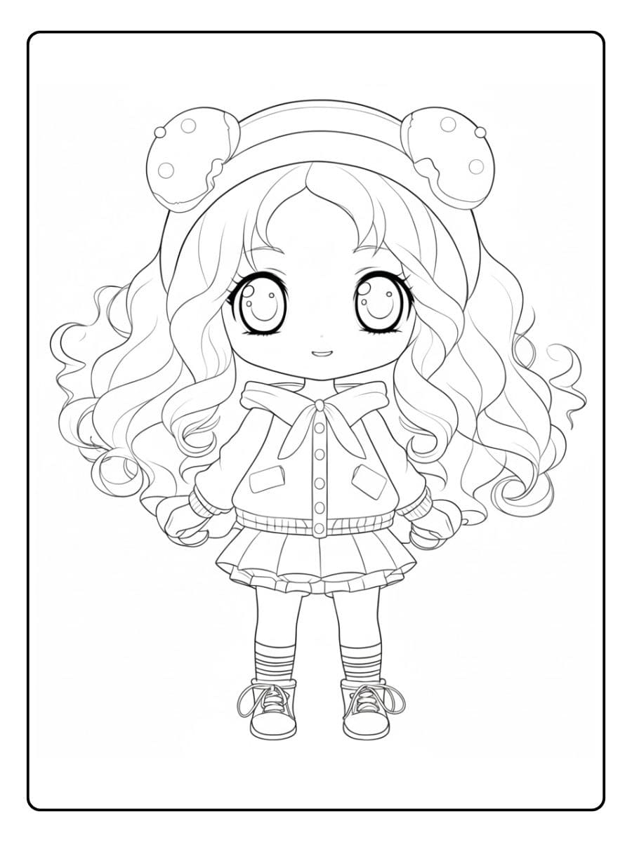 Coloriage Kawaii Fille Mignonne aux Cheveux Roses et Chapeau Ours