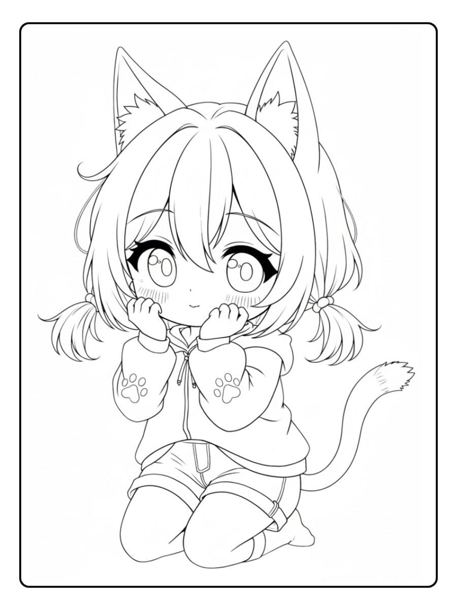 Coloriage Kawaii Fille Neko Adorable avec Oreilles de Chat