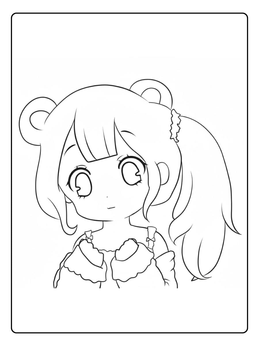 Coloriage Kawaii Fille aux Cheveux Volumineux Ligne Simple