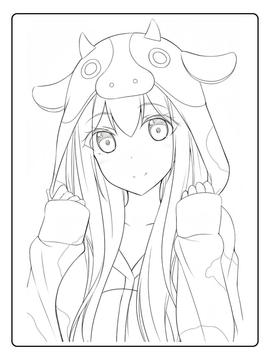 Coloriage Kawaii Fille avec un Bonnet Vache