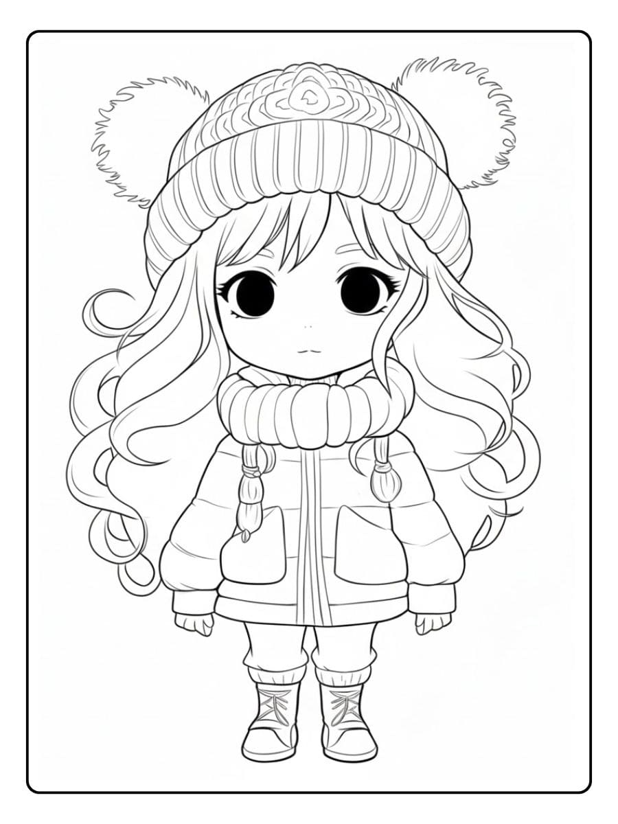 Coloriage Kawaii Fille d'Hiver Mignonne avec Écharpe et Bonnet