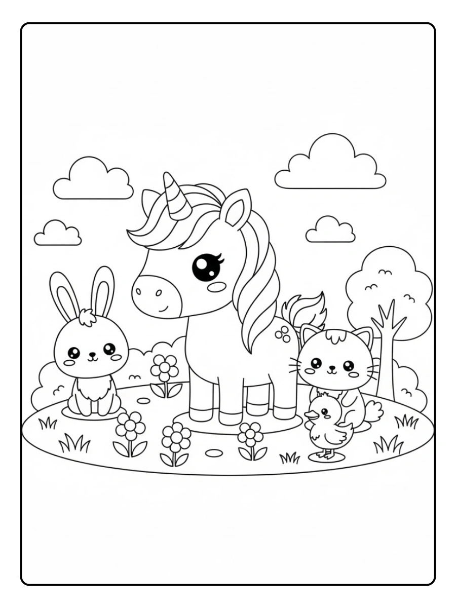 Coloriage Licorne amie des animaux Kawaii