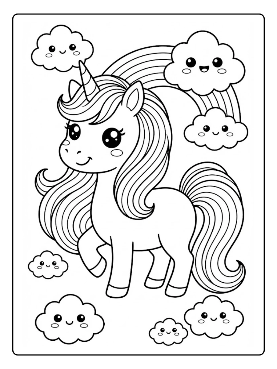 Coloriage Licorne arc en ciel Kawaii