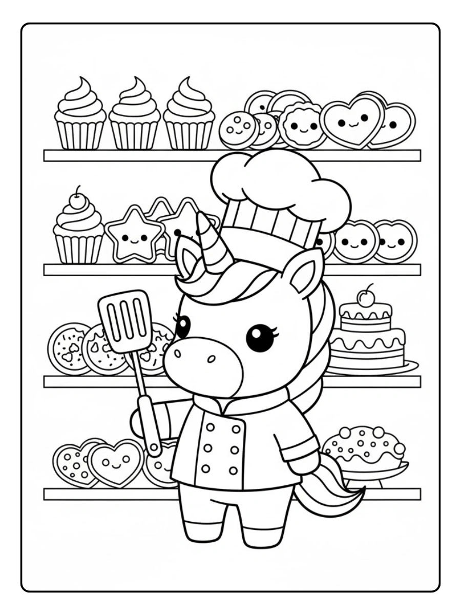 Coloriage Licorne chef pâtissier Kawaii