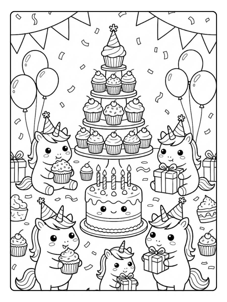 Coloriage Licorne cupcake party Kawaii