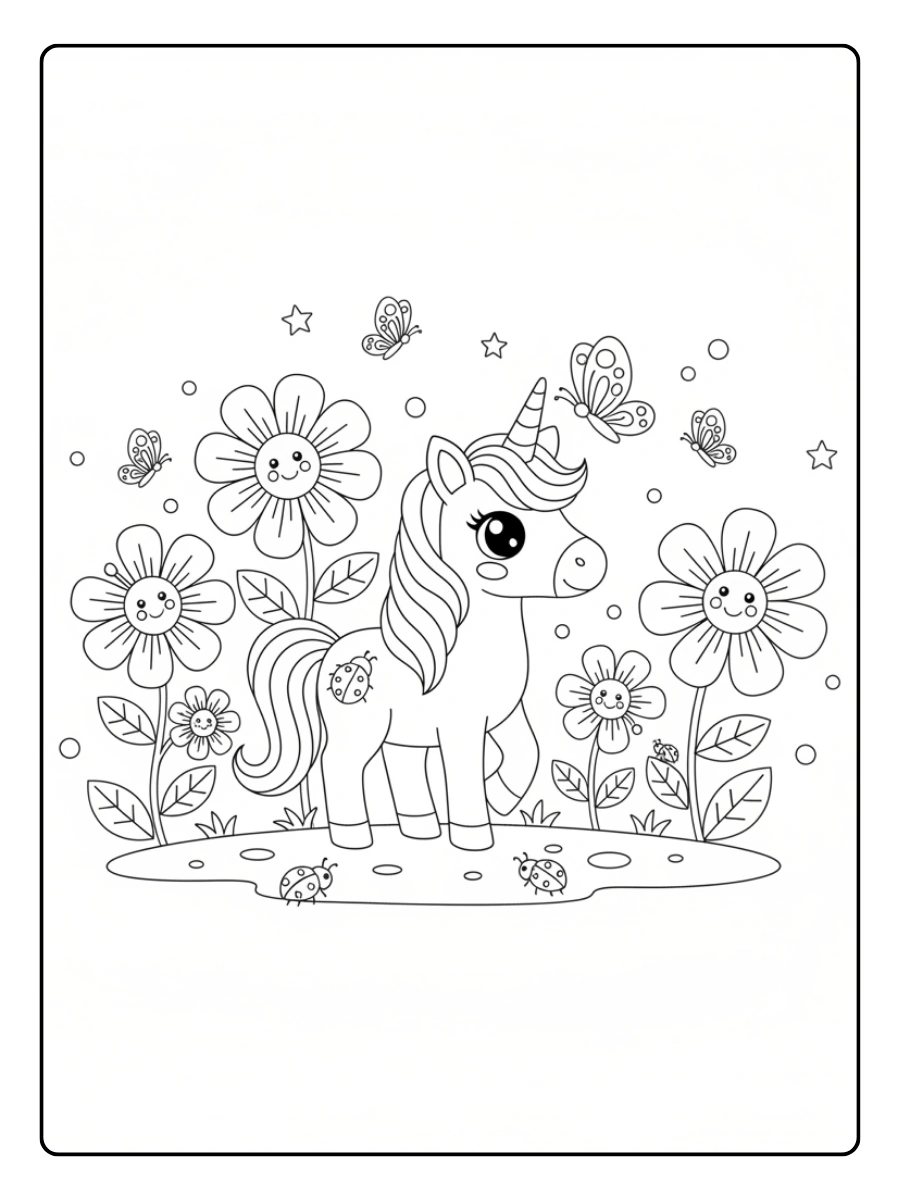 Coloriage Licorne jardin Kawaii