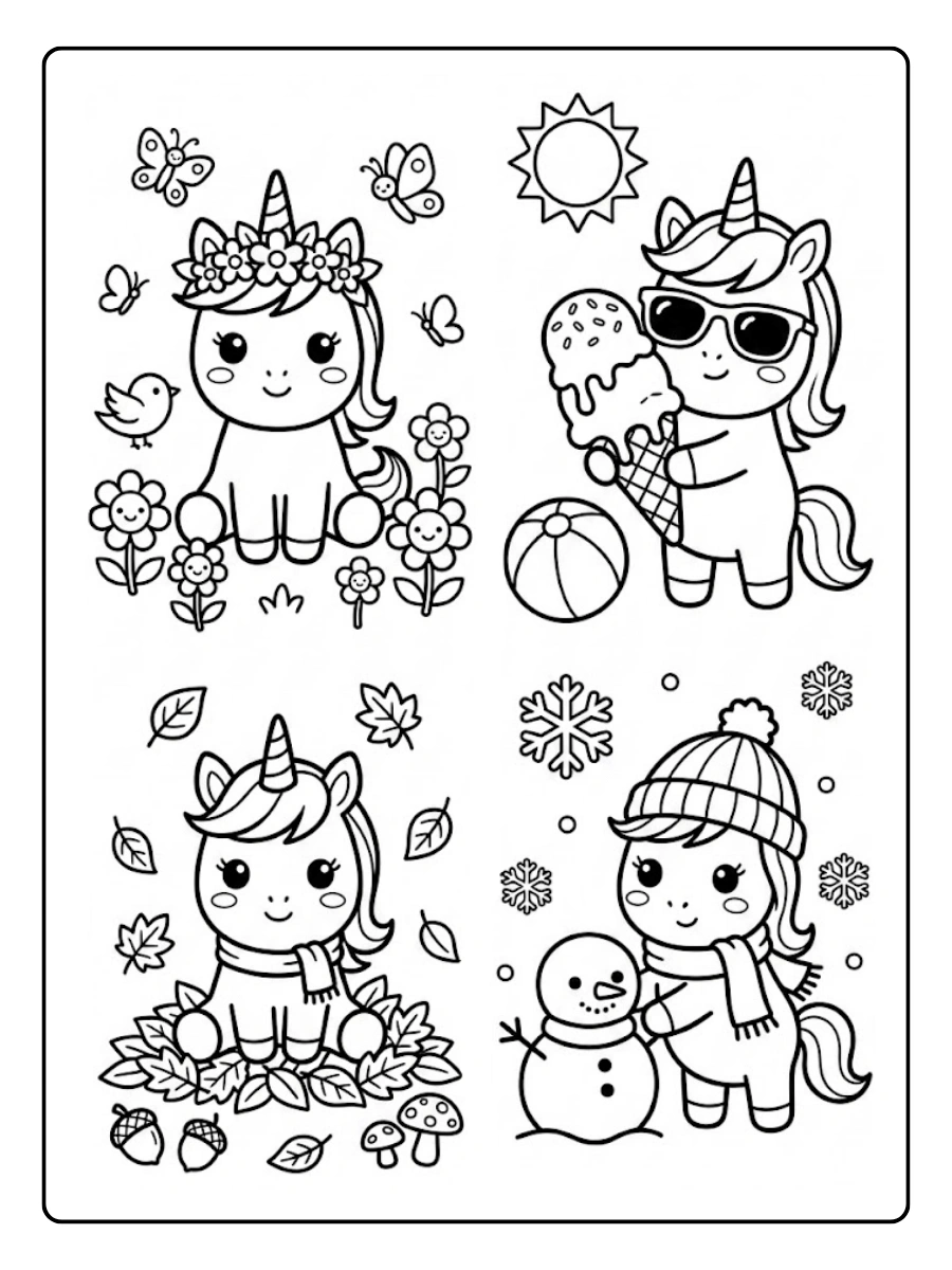 Coloriage Licorne saisonnière Kawaii