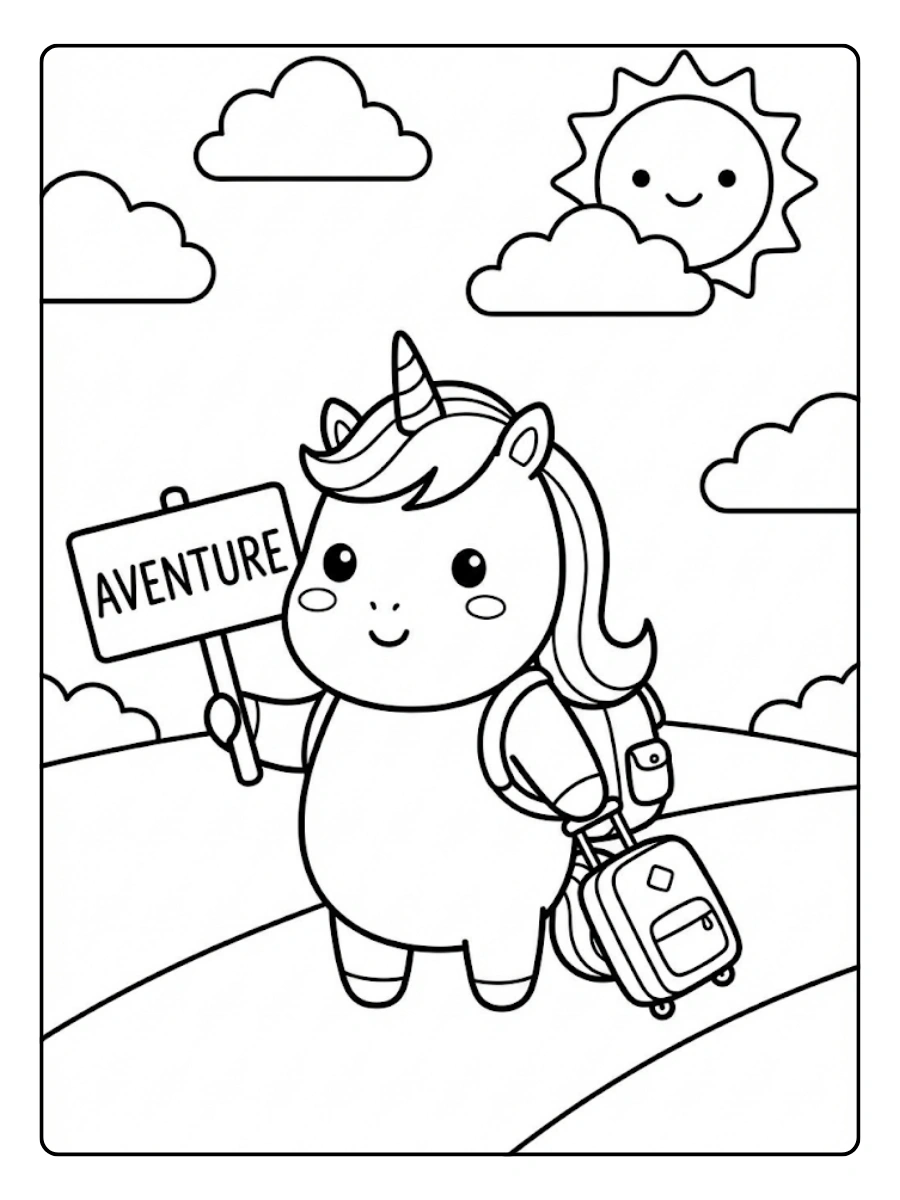 Coloriage Licorne voyageuseKawaii