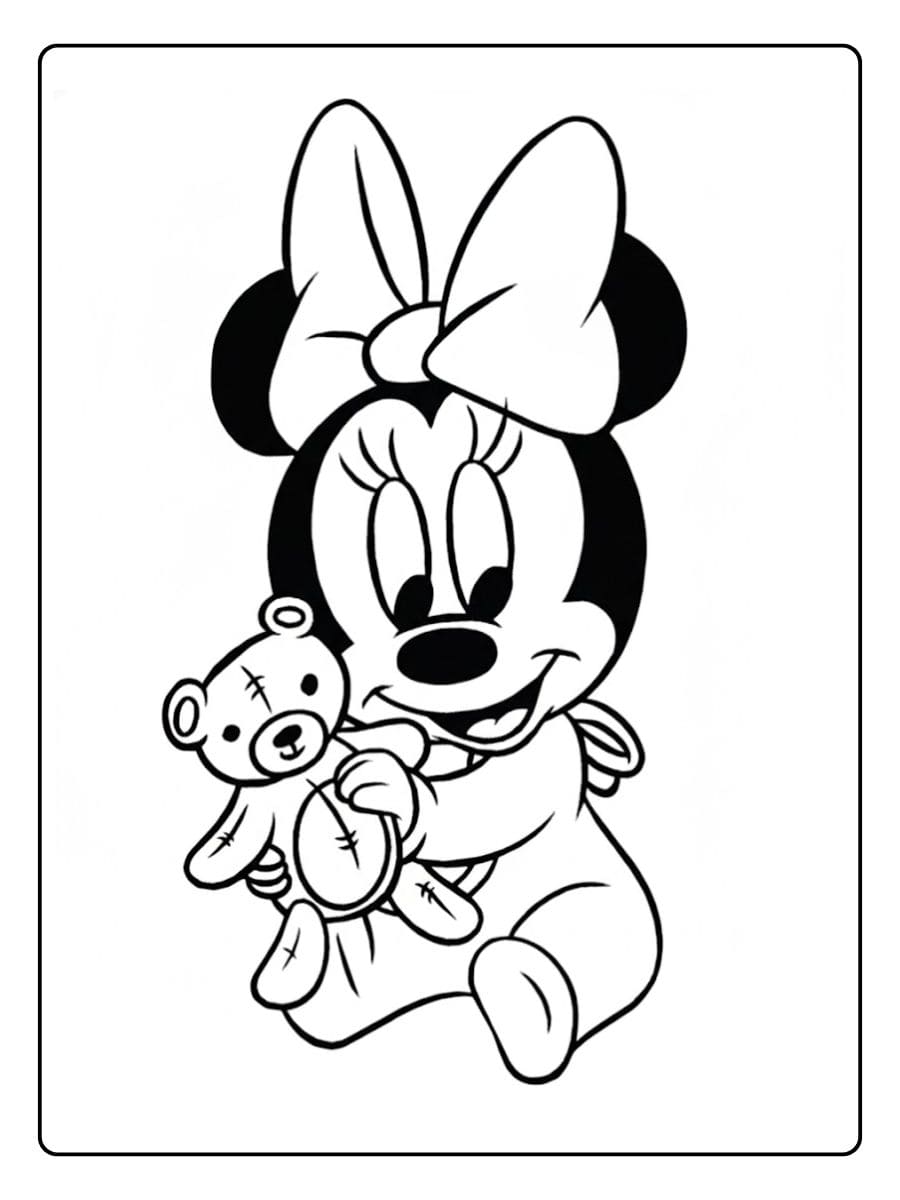 Coloriage Mickey et Minnie Noël Bébé Minnie et son ours en peluche