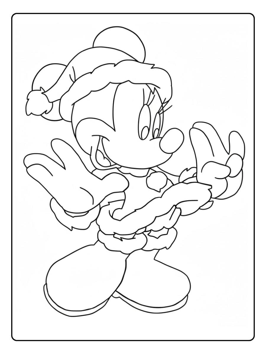 Coloriage Mickey et Minnie Noël Minnie joyeuse en costume de Mère Noël