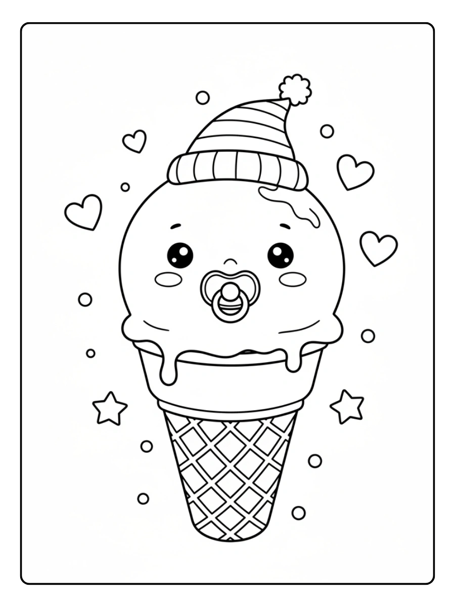 Coloriage Mini glace bébé kawaii avec tétine et petit bonnet