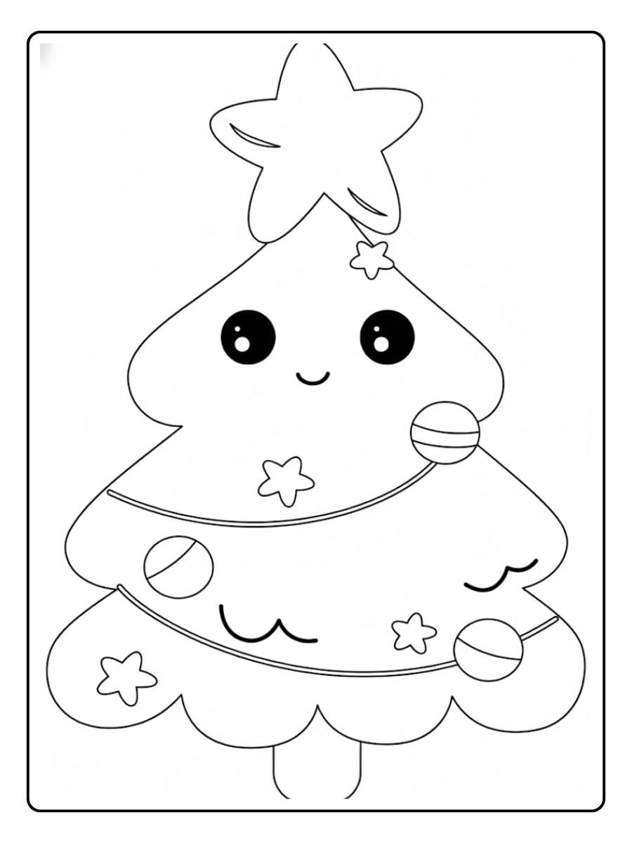 Coloriage Noël Kawaii Arbre de Noël Souriant