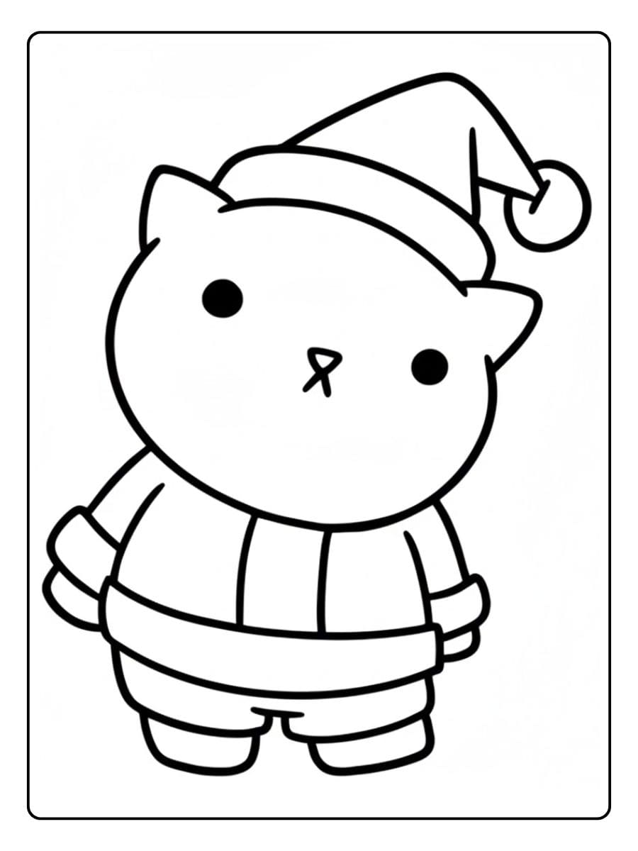 Coloriage Noël Kawaii Chat Mignon en Costume de Père Noël