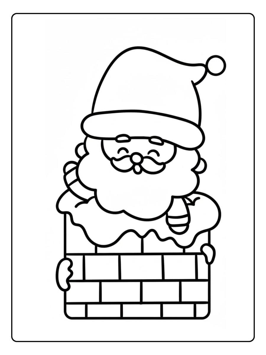 Coloriage Noël Kawaii Père Noël Souriant dans la Cheminée