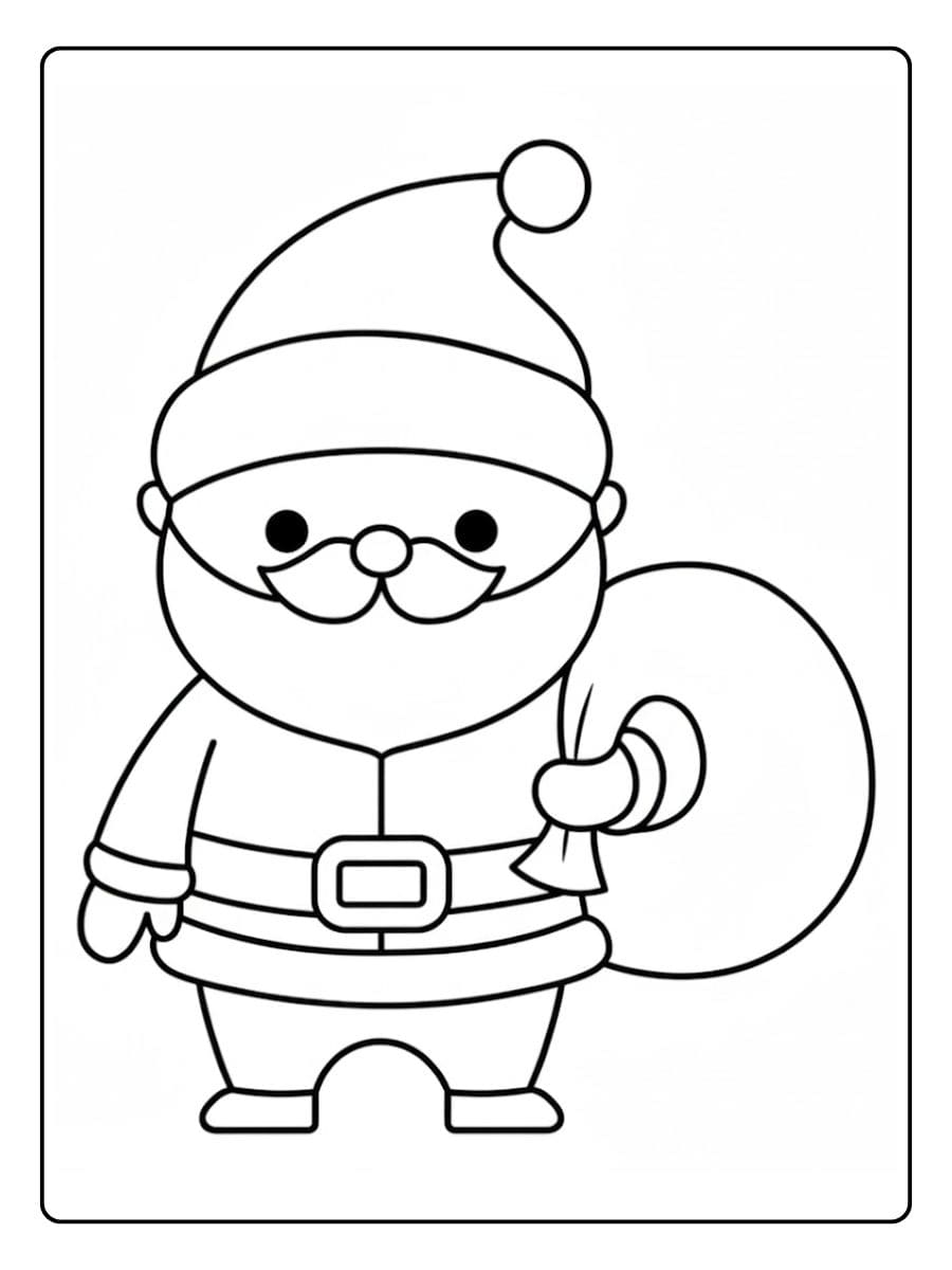 Coloriage Noël Kawaii Père Noël mignon avec sac cadeau