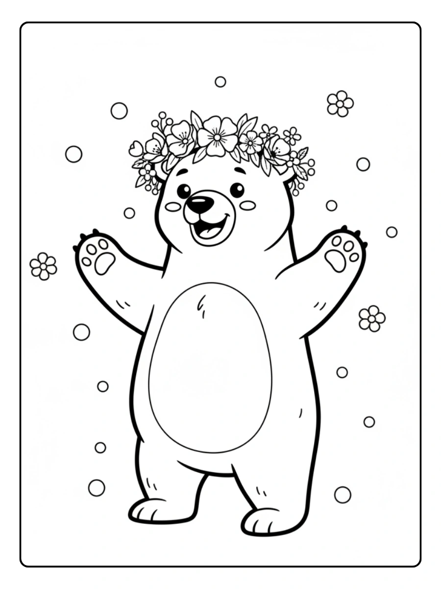 Coloriage Ours polaire avec une couronne de fleurs polaires