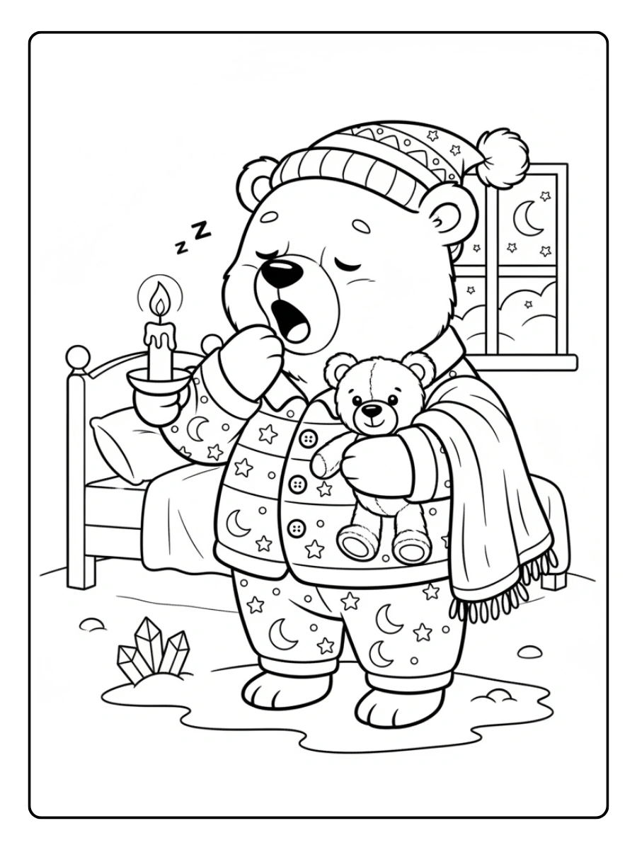 Coloriage Ours polaire en pyjama prêt à dormir