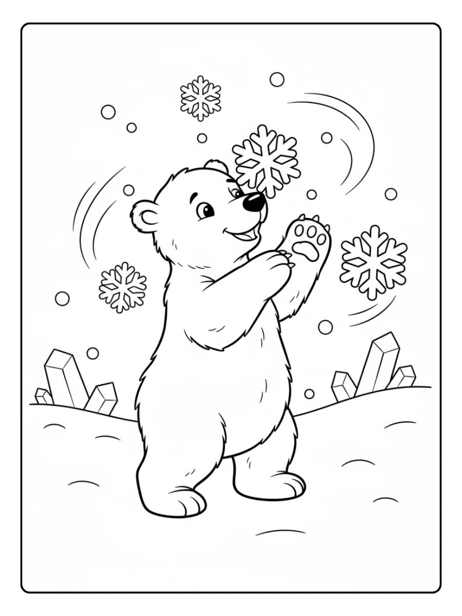 Coloriage Ours polaire jouant avec des flocons de neige