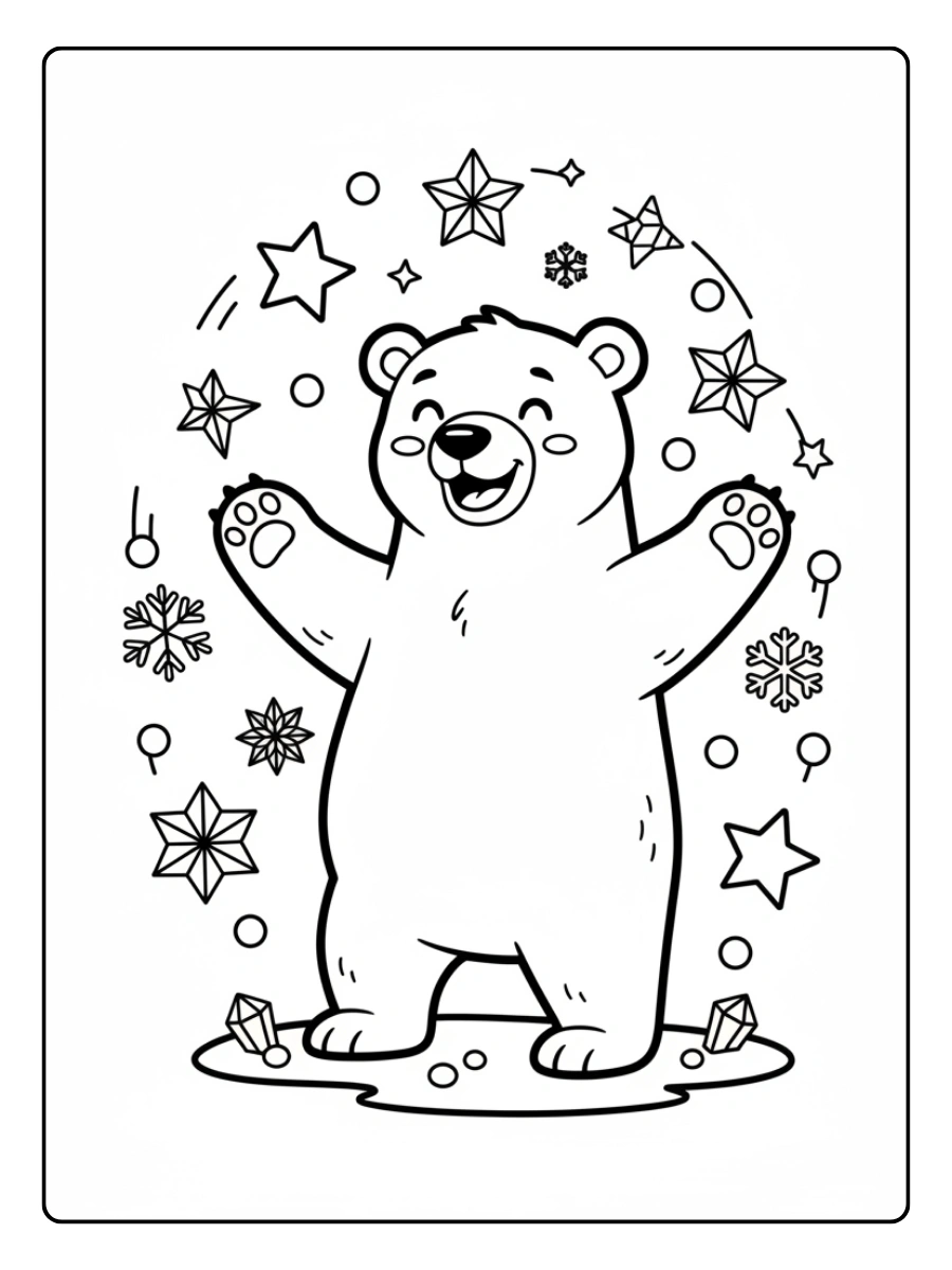 Coloriage Ours polaire joyeux entouré d’étoiles d’hiver