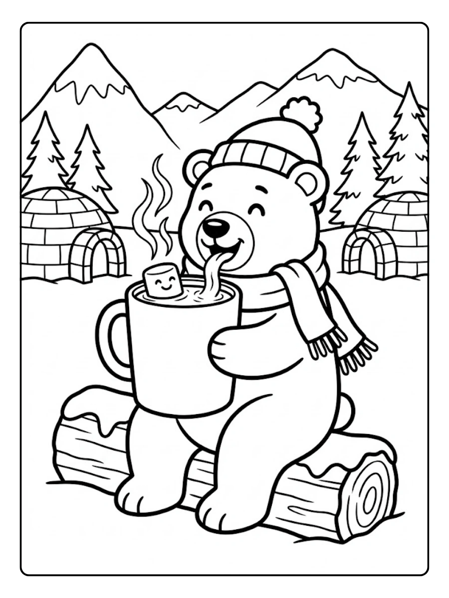 Coloriage Ours polaire qui boit un chocolat chaud