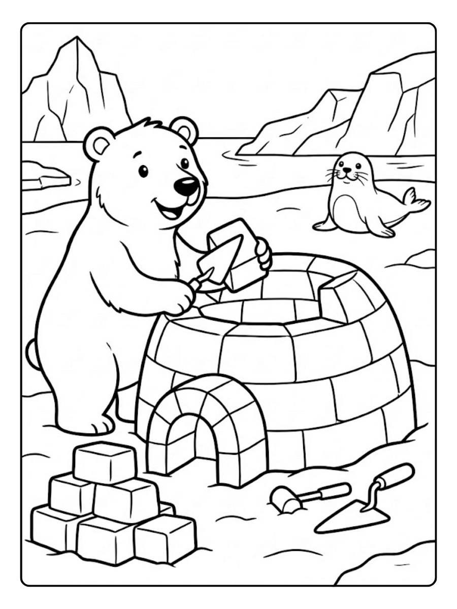 Coloriage Ours polaire qui construit un igloo