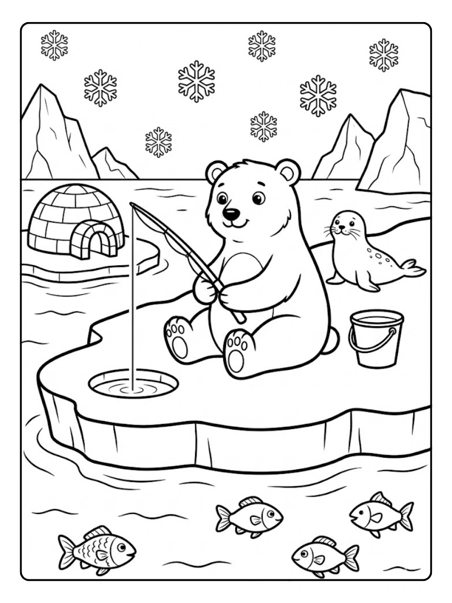Coloriage Ours polaire qui pêche sur la banquise