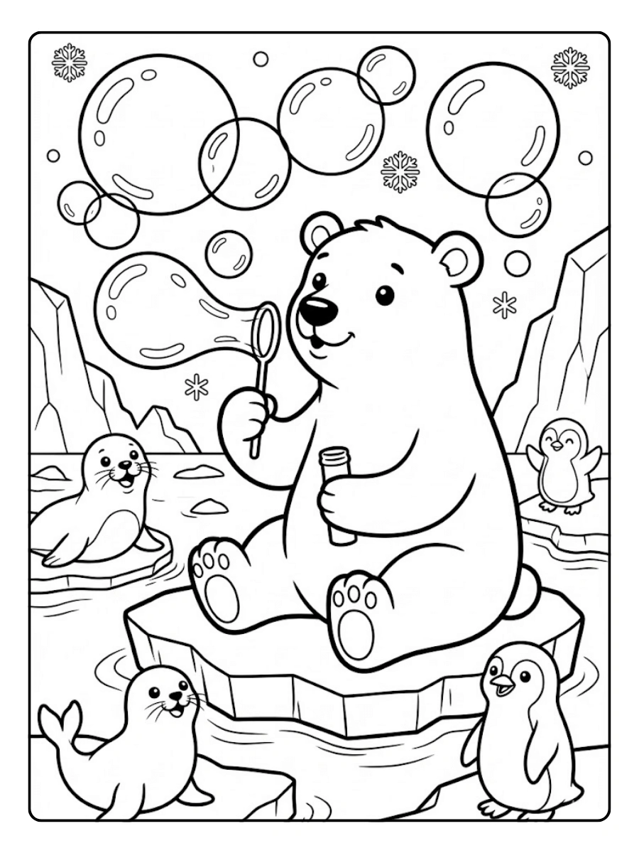 Coloriage Ours polaire qui souffle des bulles de savon