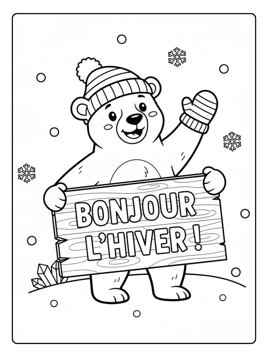 Coloriage Ours polaire tenant un panneau “Bonjour l’hiver !”