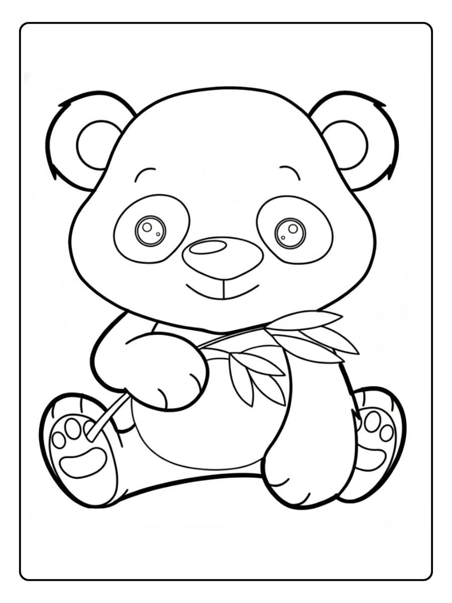 Coloriage Panda Kawaii Gros Yeux et Feuilles de Bambou
