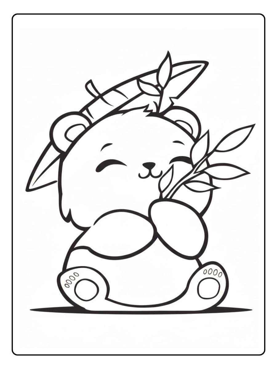 Coloriage Panda Kawaii Heureux et sa Branche de Bambou