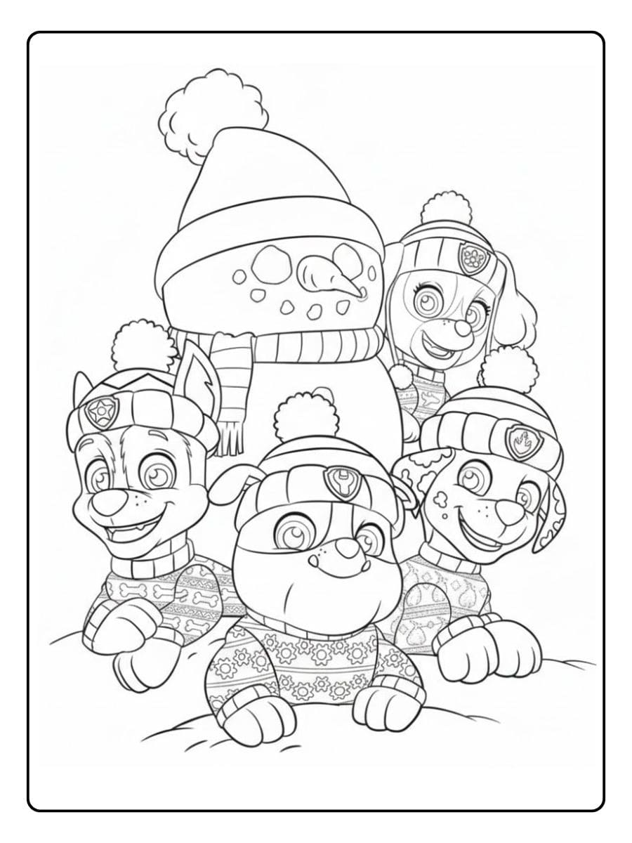 Coloriage Pat Patrouille Noël Les chiots jouent avec le bonhomme de neige