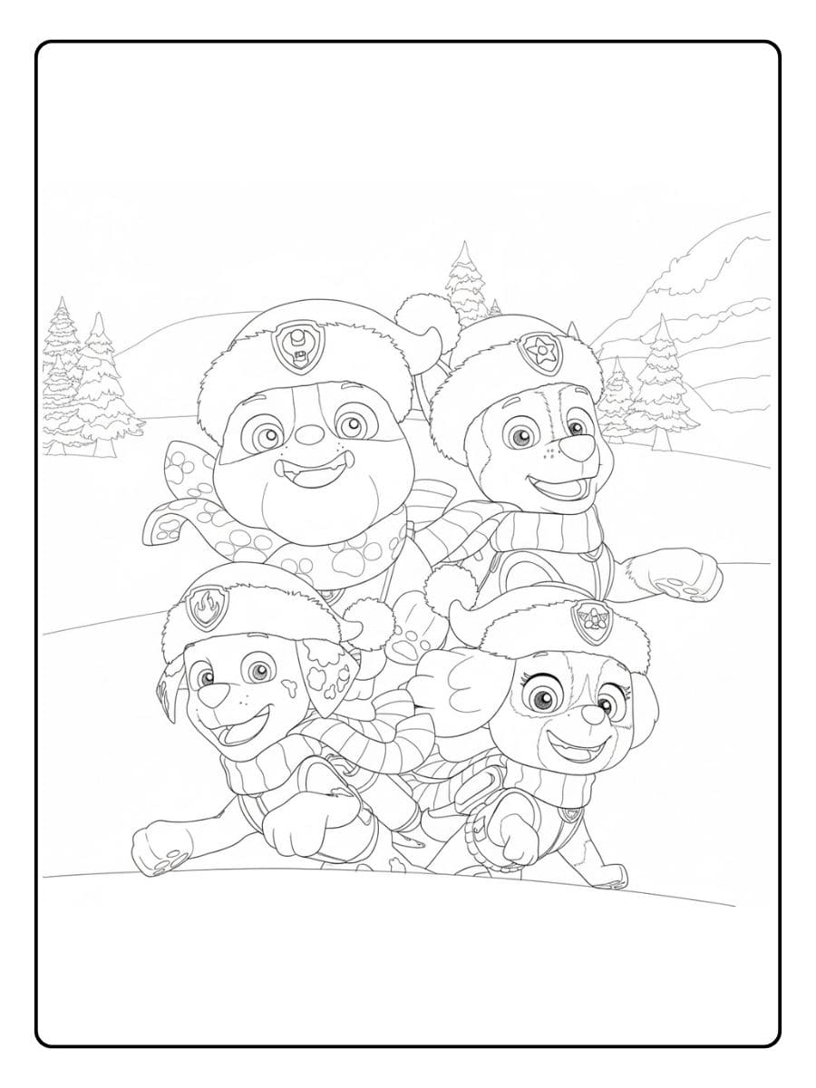 Coloriage Pat Patrouille Noël Tous les chiots en mode festif