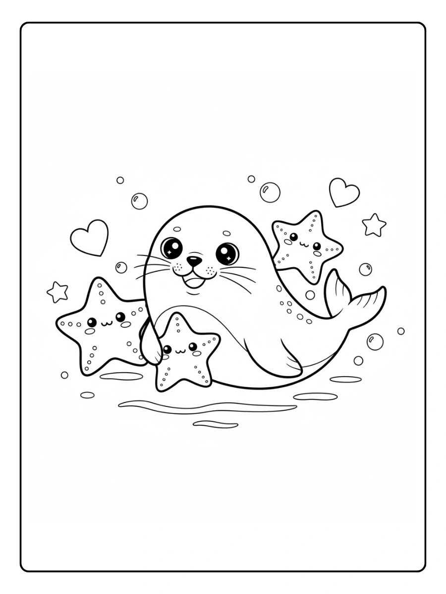 Coloriage Phoque et étoiles de mer
