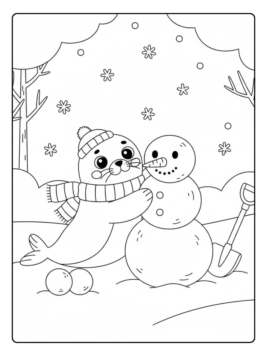Coloriage Phoque qui fait un bonhomme de neige