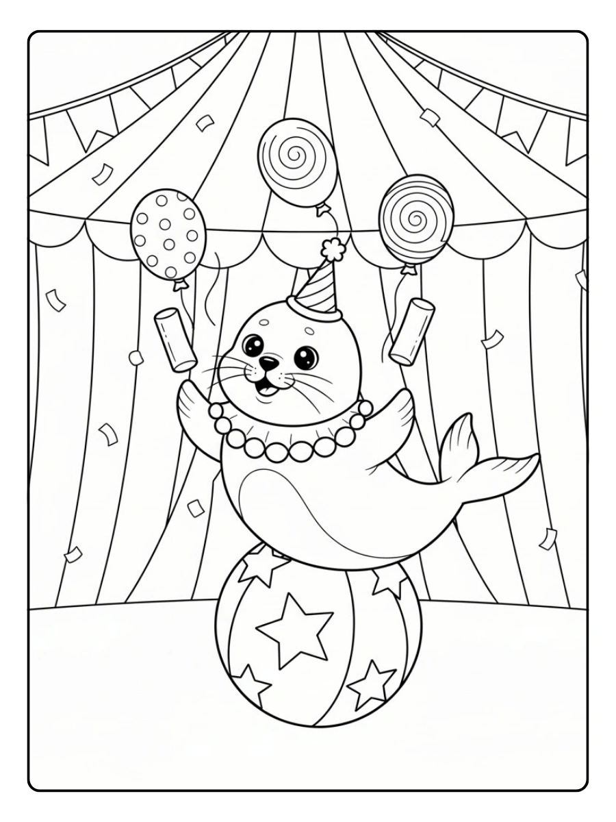 Coloriage Phoque qui jongle avec des ballons