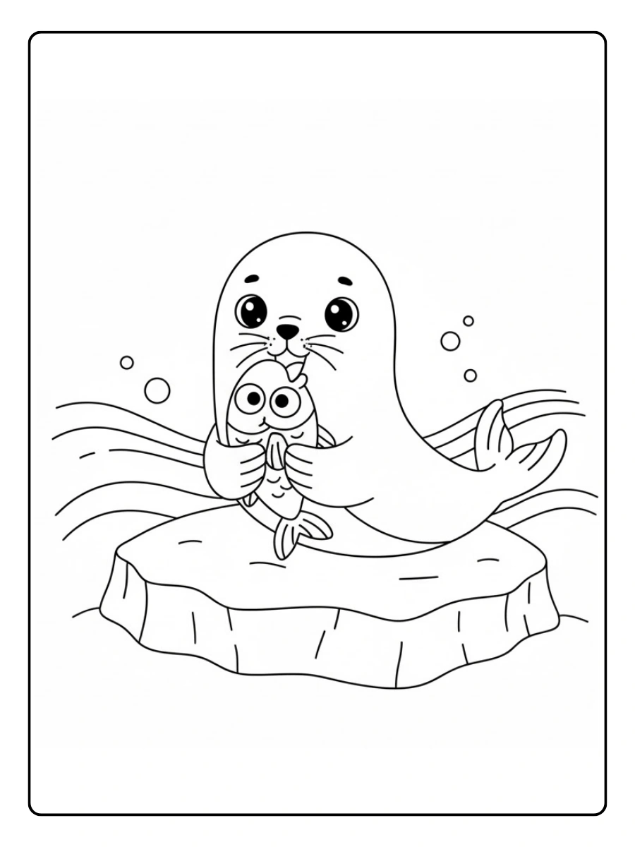 Coloriage Phoque qui mange un poisson rigolo