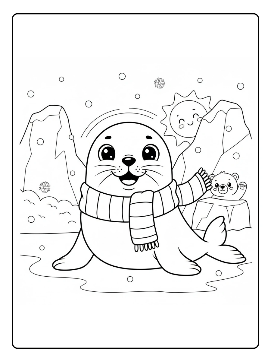 Coloriage Phoque qui sourit avec une écharpe d’hiver