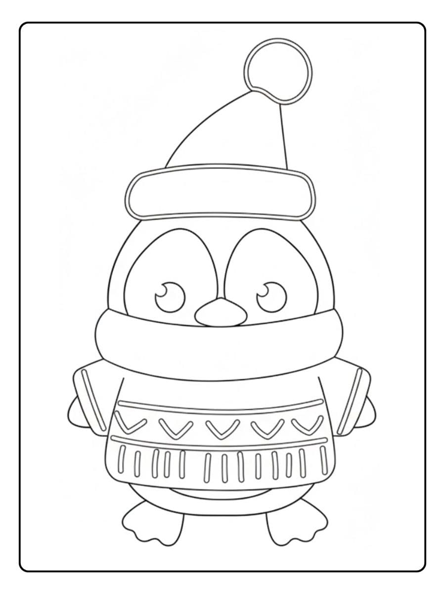Coloriage Pingouin Noël avec Pull et Bonnet