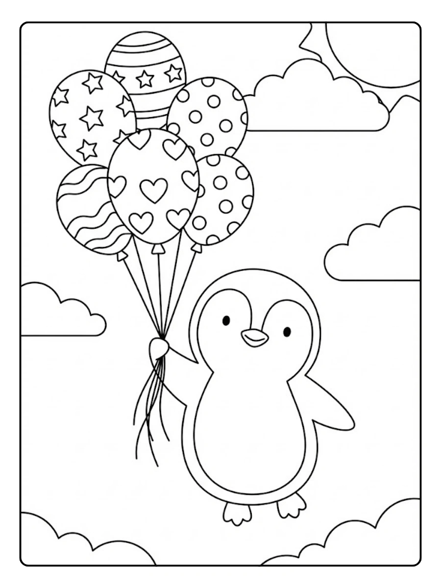 Coloriage Pingouin avec des ballons