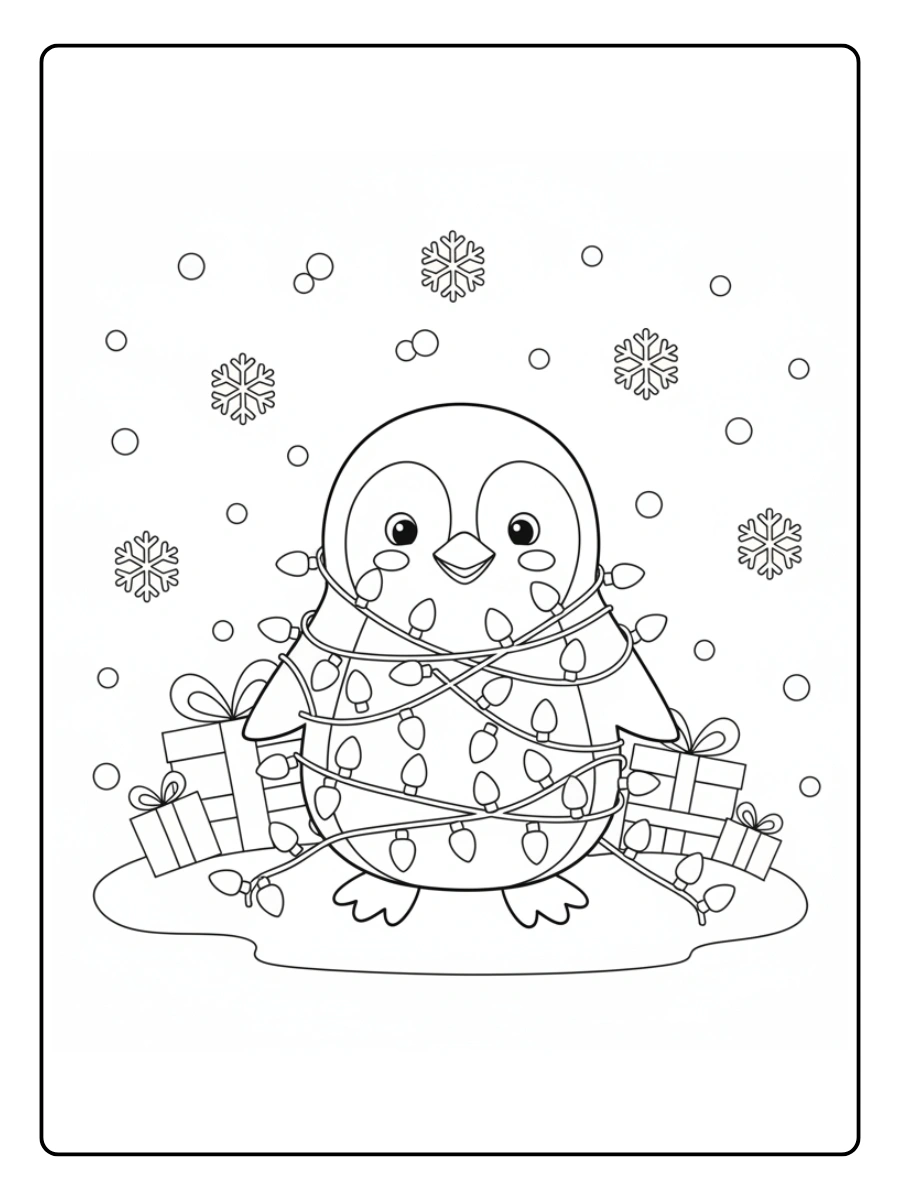 Coloriage Pingouin avec des guirlandes lumineuses autour du corps