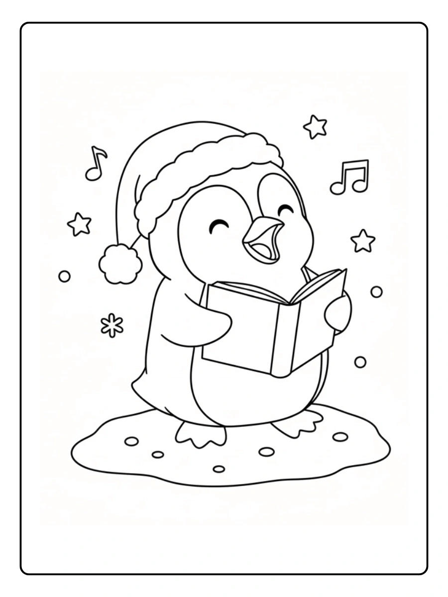 Coloriage Pingouin chantant des chants de Noël avec un livre de musique