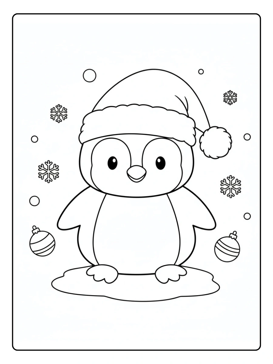 Coloriage Pingouin de Noël portant un bonnet de Père Noël tout doux