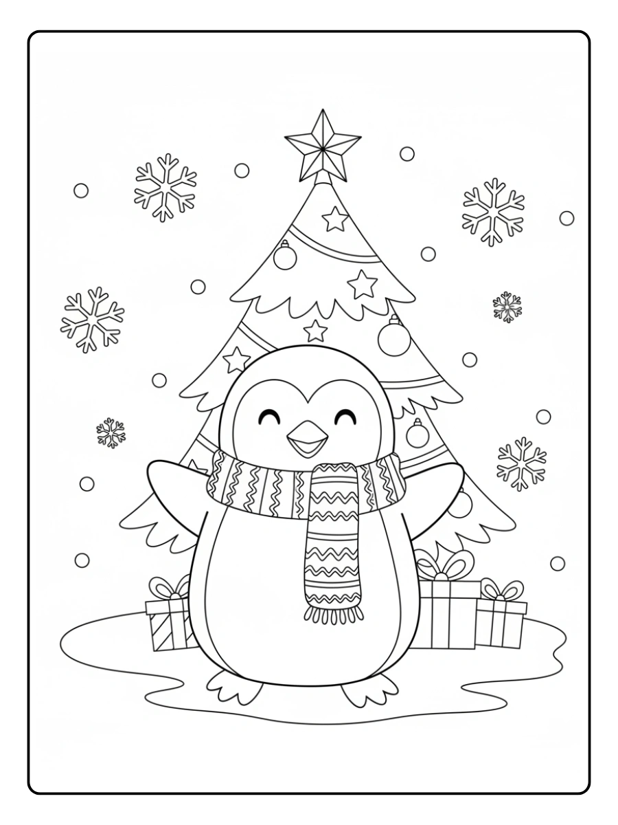 Coloriage Pingouin en écharpe tricotée devant un sapin décoré