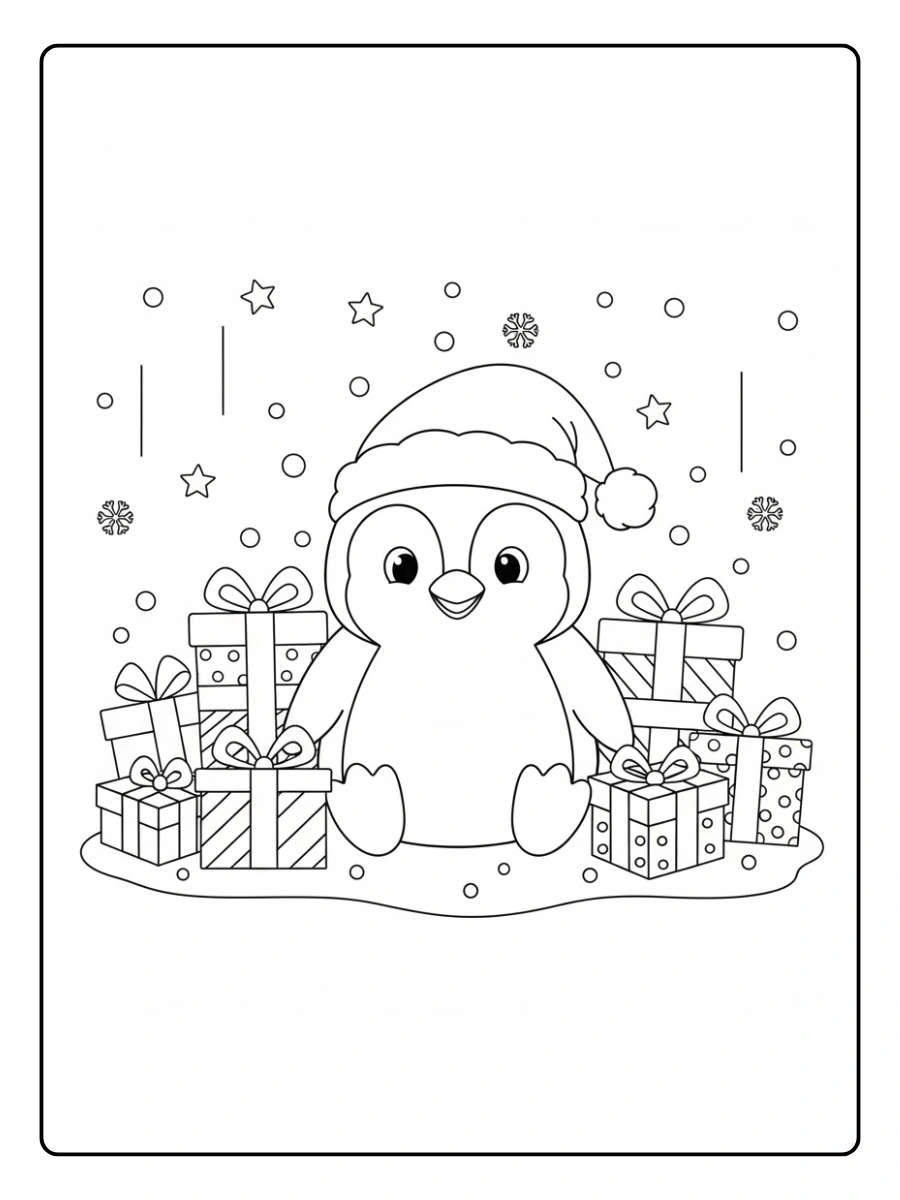 Coloriage Pingouin entouré de cadeaux et de confettis de Noël