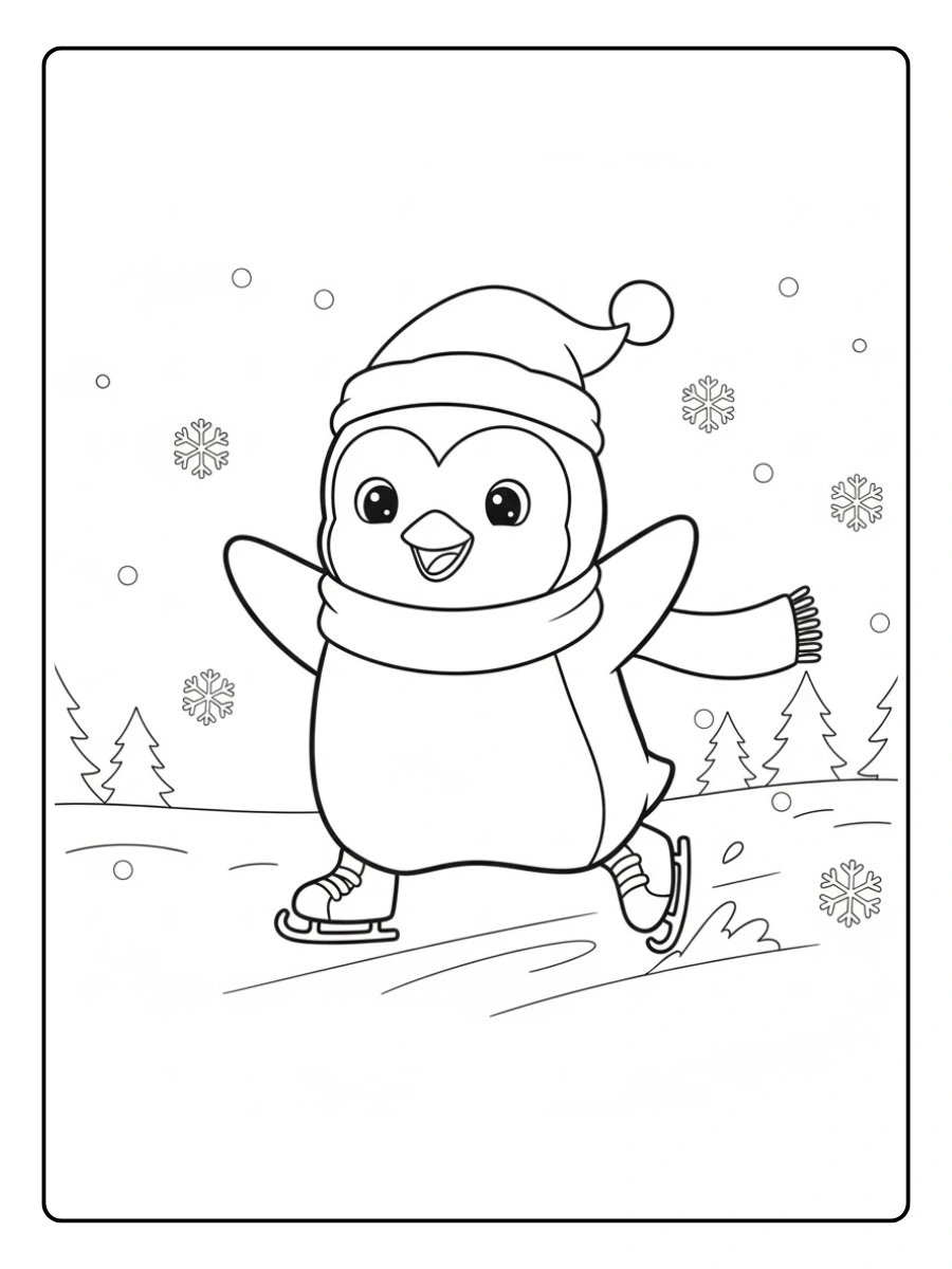 Coloriage Pingouin faisant du patin à glace avec un sourire joyeux