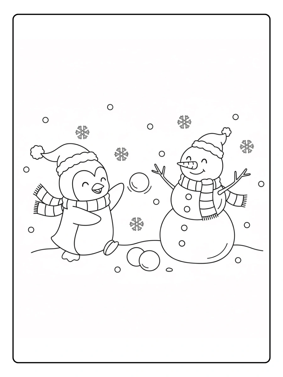 Coloriage Pingouin jouant avec un bonhomme de neige souriant