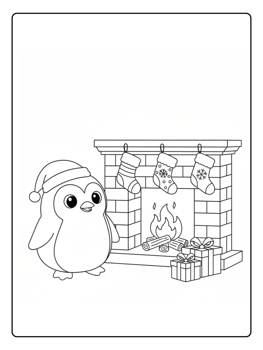 Coloriage Pingouin près d’une cheminée avec des chaussettes de Noël